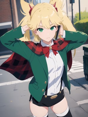 ((best quality)),((highly detailed)),masterpiece,absurdres,detailed face,beautiful face,(detailed eyes, deep eyes),1girl,((dynamic pose)), , Ninny, blonde hair, green eyes, thighhighs, suspenders, long hair, shorts, twintails, suspender shorts, bow, jacket, phone, bowtie, black shorts, short shorts, red bow, capelet, outdoors, school uniform, shirt, crossover, cellphone, striped, green jacket, solo, white shirt, red bowtie, looking at viewer, ribbon, cosplay, cape, hair ornament, holding, closed mouth, solo focus, smartphone, long sleeves, horns, day
