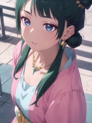 maomao,Dark green hair,blue eyes,hair ornament, hair bun, Earrings,Earrings,Gold necklaceï¼Red eye shadow((extremely realistic shading, masterpiece, extremely detailed, photorealistic)), upper body shot, shoot from above, looking at  viewer
