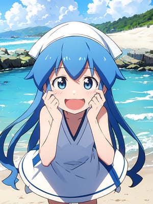 masterpiece, best quality, 1girl, beach, blue eyes, blue hair, dress, ikamusume, long hair, tentacle hair, laughing,  looking at viewer, ika,best quality