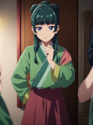 maomao,long hair, bangs,blue eyes,hair ornament,green hair,blunt bangs, freckles,hair bun,single hair bun japanese clothes, robe, green robe, long sleeves, wide sleeves, skirt, red skirt, 1girl in full growth, best quality, masterpiece, ultra-detailed, high quality, perfect nose, highly detailed skin, warm skin tone, defiance512, RAW photo, best quality, high resolution, (masterpiece), dreamlike, dreamy, modelshoot style, analog style, tonemapping, photorealistic, professional photography, sharp focus, HDR, 8K resolution, intricate detail, sophisticated detail, hyper detailed, (depth of field), highlight and shadow, volumetric lighting, cinematic bloom, professional light, looking at viewer, blotchy,
