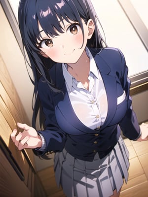 masterpiece, absurdres, ultra-detailed, Yamada Anna, 1girl, solo, long hair, blush, large breasts, black hair, long sleeves, brown eyes, school uniform, jacket, white shirt, pleated skirt, collared shirt, blue skirt, blazer, cardigan, blue jacket, (realistic:0.35), blush, smile, looking at viewer, breast pocket, Anna yamada