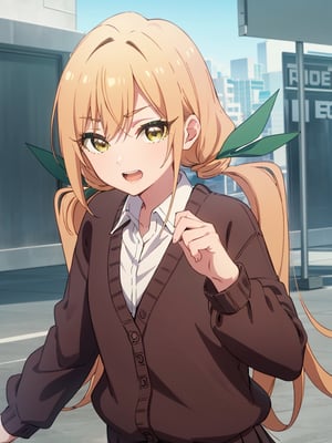 karaneinda, blonde hair, (yellow eyes:1.5), hair ribbon, twintails, low twintails, long hair, (green ribbon:1.2), open mouth, skirt, school uniform, white shirt, pleated skirt, collar, black skirt, brown cardigan, long sleeves, looking at viewer, evil smile, (upper body:1.5), sky, outdoors, day, building, best quality, high resolution, unity 8k wallpaper, (beautiful detailed eyes:1.6), extremely detailed face, perfect lighting, extremely detailed CG, (perfect hands, perfect anatomy)