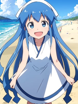 masterpiece, best quality, 1girl, beach, blue eyes, blue hair, dress, ikamusume, long hair, tentacle hair, laughing,  looking at viewer, ika,best quality