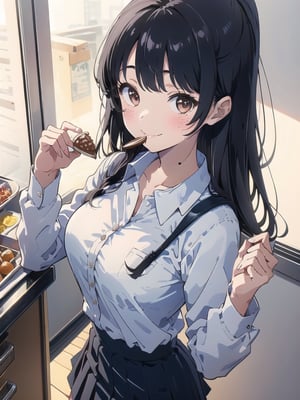 (masterpiece:1.2),best quality,PIXIV,Anna yamada,1girl,solo,skirt,shirt,breasts,long hair,looking at viewer,white shirt,white background,smile,mole,collared shirt,large breasts,simple background,chocolate,food,blush,black hair,black skirt,bag,pleated skirt,food on face,closed mouth,bangs,school uniform,holding,brown eyes,shirt tucked in,long sleeves,mole on neck,eating,holding food,shoulder bag,collarbone,dress shirt,cowboy shot,candy,,
