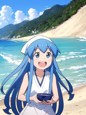 masterpiece, best quality, 1girl, beach, blue eyes, blue hair, dress, ikamusume, long hair, tentacle hair, laughing, ika,best quality