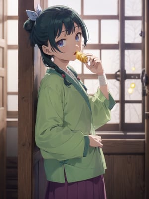 Maomao, indoors,Wood windows, Chinese architecture, (left arm bandage:1.2), blunt bangs, green hair, long hair, blue eyes, solo, gonvgreen, sidelocks, twin braids, hair over shoulder, hair beads, half updo, single hair bun, hair ribbon, blue ribbon, freckles, hanfu, green japanese clothes, long sleeves, wide sleeves, purple skirt, long skirt, (licking honey:1.5), star eyes, looking at viewer