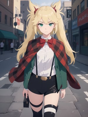 ((best quality)),((highly detailed)),masterpiece,absurdres,detailed face,beautiful face,(detailed eyes, deep eyes),1girl,((dynamic pose)), , Ninny, blonde hair, green eyes, twintails, shorts, jacket, long hair, suspender shorts, suspenders, thighhighs, shirt, looking to the side, white shirt, red bow, bow, standing, bowtie, black shorts, solo, solo focus, red bowtie, belt, capelet, hair ornament, short shorts, closed mouth, green jacket, bangs, walking, at night, (eyes looking away from the viewer:1.3, looking away from viewer:1.3), hands in pocket, nighttime, city streets, neon signs, crowd behind,, plaid, long sleeves, thigh strap, school uniform, looking away, cape, ribbon, frown, collared shirt, two side up, red capelet, open jacket
