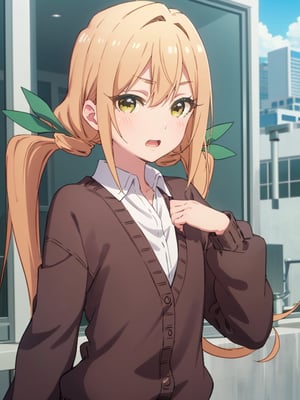 karaneinda, blonde hair, (yellow eyes:1.5), hair ribbon, twintails, low twintails, long hair, (green ribbon:1.2), open mouth, skirt, school uniform, white shirt, pleated skirt, collar, black skirt, brown cardigan, long sleeves, looking at viewer, naughty face, (upper body:1.5), sky, outdoors, day, building, best quality, high resolution, unity 8k wallpaper, (beautiful detailed eyes:1.6), extremely detailed face, perfect lighting, extremely detailed CG, (perfect hands, perfect anatomy)