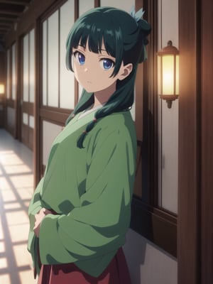 maomao,long hair, bangs,blue eyes,hair ornament,green hair,blunt bangs, freckles,hair bun,single hair bun japanese clothes, robe, green robe, long sleeves, wide sleeves, skirt, red skirt, 1girl in full growth, best quality, masterpiece, ultra-detailed, high quality, perfect nose, highly detailed skin, warm skin tone, defiance512, RAW photo, best quality, high resolution, (masterpiece), dreamlike, dreamy, modelshoot style, analog style, tonemapping, photorealistic, professional photography, sharp focus, HDR, 8K resolution, intricate detail, sophisticated detail, hyper detailed, (depth of field), highlight and shadow, volumetric lighting, cinematic bloom, professional light, looking at viewer, blotchy,
