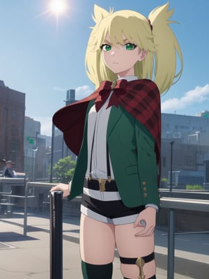 1girl, soro, ninnyspangcole, , ninny spangcole, long hair, blonde hair, (green eyes:1.5), twintails, two side up, shirt, thighhighs, long sleeves, bow, jacket, white shirt, shorts, bowtie, red bow, thigh strap, capelet, black shorts, suspenders, green jacket, suspender shorts, outdoors, city, sun, sky, clouds, looking at viewer, (cowboy shot:1.5), (masterpiece:1.2), best quality, high resolution, unity 8k wallpaper, (illustration:0.8), (beautiful detailed eyes:1.6), extremely detailed face, perfect lighting, extremely detailed CG, (perfect hands, perfect anatomy),ninny spangcole