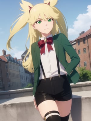 1girl, soro, ninnyspangcole, , ninny spangcole, long hair, blonde hair, (green eyes:1.5), twintails, two side up, shirt, thighhighs, long sleeves, bow, jacket, white shirt, shorts, bowtie, red bow, thigh strap, capelet, black shorts, suspenders, green jacket, suspender shorts, outdoors, city, sun, sky, clouds, looking at viewer, (cowboy shot:1.5), (masterpiece:1.2), best quality, high resolution, unity 8k wallpaper, (illustration:0.8), (beautiful detailed eyes:1.6), extremely detailed face, perfect lighting, extremely detailed CG, (perfect hands, perfect anatomy),ninny spangcole