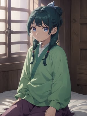 Maomao, indoors,Wood windows, Chinese architecture, left arm bandage, blunt bangs, green hair, long hair, blue eyes, solo, gonvgreen, sidelocks, twin braids, hair over shoulder, hair beads, half updo, single hair bun, hair ribbon, blue ribbon, freckles, hanfu, green japanese clothes, long sleeves, wide sleeves, purple skirt, long skirt, bed sitting, tired, star eyes, looking at viewer,