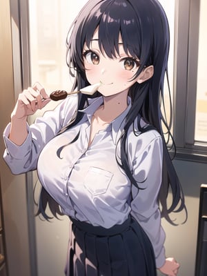 (masterpiece:1.2),best quality,PIXIV,Anna yamada,1girl,solo,skirt,shirt,breasts,long hair,looking at viewer,white shirt,white background,smile,mole,collared shirt,large breasts,simple background,chocolate,food,blush,black hair,black skirt,bag,pleated skirt,food on face,closed mouth,bangs,school uniform,holding,brown eyes,shirt tucked in,long sleeves,mole on neck,eating,holding food,shoulder bag,collarbone,dress shirt,cowboy shot,candy,,
