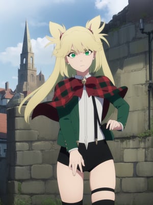 1girl, soro, ninnyspangcole, , ninny spangcole, long hair, blonde hair, (green eyes:1.5), twintails, two side up, shirt, thighhighs, long sleeves, bow, jacket, white shirt, shorts, bowtie, red bow, thigh strap, capelet, black shorts, suspenders, green jacket, suspender shorts, outdoors, city, sun, sky, clouds, looking at viewer, (cowboy shot:1.5), (masterpiece:1.2), best quality, high resolution, unity 8k wallpaper, (illustration:0.8), (beautiful detailed eyes:1.6), extremely detailed face, perfect lighting, extremely detailed CG, (perfect hands, perfect anatomy),ninny spangcole