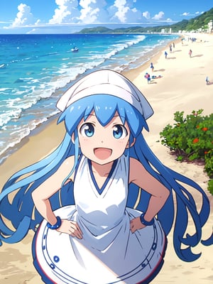 masterpiece, best quality, 1girl, beach, blue eyes, blue hair, dress, ikamusume, long hair, tentacle hair, laughing,  looking at viewer, ika,best quality