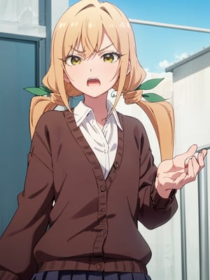 karaneinda, blonde hair, (yellow eyes:1.5), hair ribbon, twintails, low twintails, long hair, (green ribbon:1.2), open mouth, skirt, school uniform, white shirt, pleated skirt, collar, black skirt, brown cardigan, long sleeves, looking at viewer, (determined face:1.5), (upper body:1.5), sky, outdoors, day, building, best quality, high resolution, unity 8k wallpaper, (beautiful detailed eyes:1.6), extremely detailed face, perfect lighting, extremely detailed CG, (perfect hands, perfect anatomy)