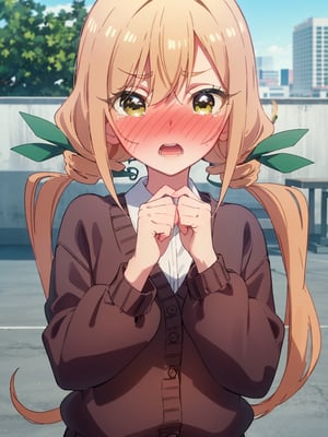 karaneinda, blonde hair, (yellow eyes:1.5), hair ribbon, twintails, low twintails, long hair, (green ribbon:1.2), open mouth, skirt, school uniform, white shirt, pleated skirt, collar, black skirt, brown cardigan, long sleeves, looking at viewer, (watery eyes:1.2), (full-face blush:1.5), (upper body:1.5), sky, outdoors, day, building, best quality, high resolution, unity 8k wallpaper, (beautiful detailed eyes:1.6), extremely detailed face, perfect lighting, extremely detailed CG, (perfect hands, perfect anatomy),pikkykarane