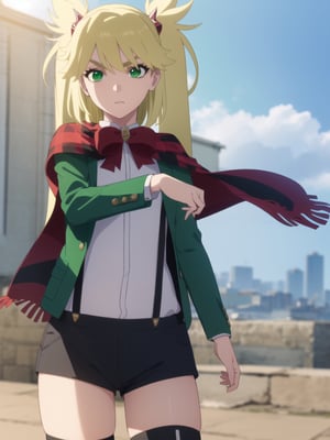 1girl, soro, ninnyspangcole, , ninny spangcole, long hair, blonde hair, (green eyes:1.5), twintails, two side up, shirt, thighhighs, long sleeves, bow, jacket, white shirt, shorts, bowtie, red bow, thigh strap, capelet, black shorts, suspenders, green jacket, suspender shorts, outdoors, city, sun, sky, clouds, looking at viewer, (cowboy shot:1.5), (masterpiece:1.2), best quality, high resolution, unity 8k wallpaper, (illustration:0.8), (beautiful detailed eyes:1.6), extremely detailed face, perfect lighting, extremely detailed CG, (perfect hands, perfect anatomy),ninny spangcole