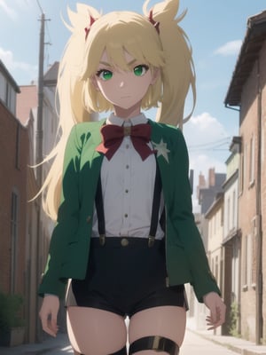 1girl, soro, ninnyspangcole, , ninny spangcole, long hair, blonde hair, (green eyes:1.5), twintails, two side up, shirt, thighhighs, long sleeves, bow, jacket, white shirt, shorts, bowtie, red bow, thigh strap, capelet, black shorts, suspenders, green jacket, suspender shorts, outdoors, city, sun, sky, clouds, looking at viewer, (cowboy shot:1.5), (masterpiece:1.2), best quality, high resolution, unity 8k wallpaper, (illustration:0.8), (beautiful detailed eyes:1.6), extremely detailed face, perfect lighting, extremely detailed CG, (perfect hands, perfect anatomy),ninny spangcole