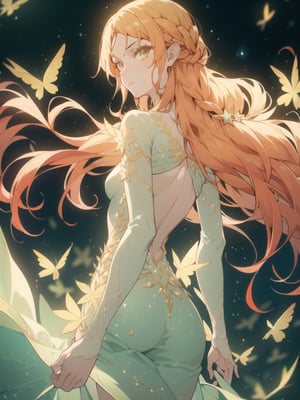 masterpiece, best_quality, background field of flowers, star night, star fall sky, 1girl, solo, nsfw, fractal clothes, muscle_pose, (long_dress, back_dress:1.4), pantyhose, warm pose, frozen face, upper shot, looking at viewer, (looking back:1.5), sui\( Isekai Ojisan\), 1girl