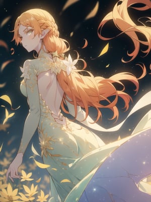 masterpiece, best_quality, background field of flowers, star night, star fall sky, 1girl, solo, nsfw, fractal clothes, muscle_pose, (long_dress, back_dress:1.4), pantyhose, warm pose, frozen face, upper shot, looking at viewer, (looking back:1.5), sui\( Isekai Ojisan\), 1girl