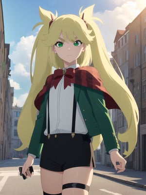 1girl, soro, ninnyspangcole, , ninny spangcole, long hair, blonde hair, (green eyes:1.5), twintails, two side up, shirt, thighhighs, long sleeves, bow, jacket, white shirt, shorts, bowtie, red bow, thigh strap, capelet, black shorts, suspenders, green jacket, suspender shorts, outdoors, city, sun, sky, clouds, looking at viewer, (cowboy shot:1.5), (masterpiece:1.2), best quality, high resolution, unity 8k wallpaper, (illustration:0.8), (beautiful detailed eyes:1.6), extremely detailed face, perfect lighting, extremely detailed CG, (perfect hands, perfect anatomy),ninny spangcole