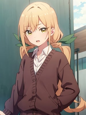 karaneinda, blonde hair, (yellow eyes:1.5), hair ribbon, twintails, low twintails, long hair, (green ribbon:1.2), open mouth, skirt, school uniform, white shirt, pleated skirt, collar, black skirt, brown cardigan, long sleeves, looking at viewer, determined, (upper body:1.5), sky, outdoors, day, building, best quality, high resolution, unity 8k wallpaper, (beautiful detailed eyes:1.6), extremely detailed face, perfect lighting, extremely detailed CG, (perfect hands, perfect anatomy)