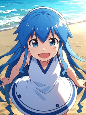 masterpiece, best quality, 1girl, beach, blue eyes, blue hair, dress, ikamusume, long hair, tentacle hair, laughing,  looking at viewer, ika,best quality