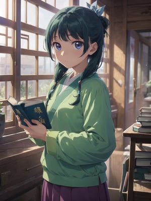 Maomao, indoors,Wood windows, Chinese architecture, (left arm bandage:1.2), blunt bangs, green hair, long hair, blue eyes, solo, gonvgreen, sidelocks, twin braids, hair over shoulder, hair beads, half updo, single hair bun, hair ribbon, blue ribbon, freckles, hanfu, green japanese clothes, long sleeves, wide sleeves, purple skirt, long skirt, (Holding a book:1.5), star eyes, looking at viewer