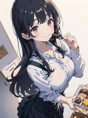 (masterpiece:1.2),best quality,PIXIV,Anna yamada,1girl,solo,skirt,shirt,breasts,long hair,looking at viewer,white shirt,white background,smile,mole,collared shirt,large breasts,simple background,chocolate,food,blush,black hair,black skirt,bag,pleated skirt,food on face,closed mouth,bangs,school uniform,holding,brown eyes,shirt tucked in,long sleeves,mole on neck,eating,holding food,shoulder bag,collarbone,dress shirt,cowboy shot,candy,,
