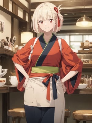 (masterpiece, best quality:1.4),,(1girl:1.3),(solo:1.3),(hands_on_hips:1.2),(seductive_smile:1.2),looking at viewer,chwo,japanese clothes,kimono,red kimono,tasuki,waist bow,apron,skirt,ribbon,hair ribbon,red ribbon,sash,obi,tabi,sandals,cafe,indoor,
