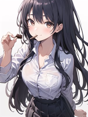 (masterpiece:1.2),best quality,PIXIV,Anna yamada,1girl,solo,skirt,shirt,breasts,long hair,looking at viewer,white shirt,white background,smile,mole,collared shirt,large breasts,simple background,chocolate,food,blush,black hair,black skirt,bag,pleated skirt,food on face,closed mouth,bangs,school uniform,holding,brown eyes,shirt tucked in,long sleeves,mole on neck,eating,holding food,shoulder bag,collarbone,dress shirt,cowboy shot,candy,,
