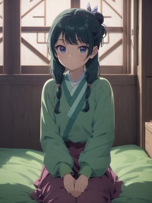 Maomao, indoors,Wood windows, Chinese architecture, left arm bandage, blunt bangs, green hair, long hair, blue eyes, solo, gonvgreen, sidelocks, twin braids, hair over shoulder, hair beads, half updo, single hair bun, hair ribbon, blue ribbon, freckles, hanfu, green japanese clothes, long sleeves, wide sleeves, purple skirt, long skirt, bed sitting, tired, star eyes, looking at viewer,