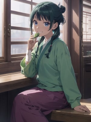 Maomao, indoors,Wood windows, Chinese architecture, left arm bandage, blunt bangs, green hair, long hair, blue eyes, solo, gonvgreen, sidelocks, twin braids, hair over shoulder, hair beads, half updo, single hair bun, hair ribbon, blue ribbon, freckles, hanfu, green japanese clothes, long sleeves, wide sleeves, purple skirt, long skirt, shoes, sitting, eating, grin,star eyes,eating herbs,herbs,  looking at viewer,