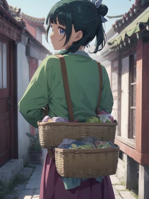 Maomao, east asian architecture, blunt bangs, green hair, long hair, blue eyes, solo, gonvgreen, sidelocks, twin braids, hair over shoulder, hair beads, half updo, single hair bun, hair ribbon, blue ribbon, freckles, hanfu, green japanese clothes, long sleeves, wide sleeves, purple skirt, long skirt, shoes, outdoor, (carrying a basket on his back:1.5), looking at viewer