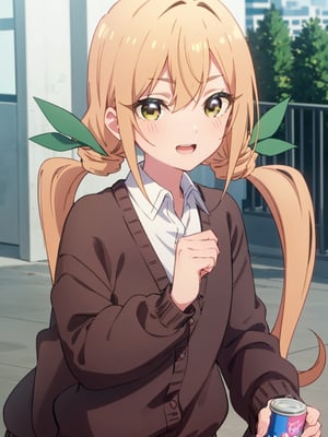 karaneinda, blonde hair, (yellow eyes:1.5), hair ribbon, twintails, low twintails, long hair, (green ribbon:1.2), open mouth, skirt, school uniform, white shirt, pleated skirt, collar, black skirt, brown cardigan, long sleeves, looking at viewer, teasing smile, (upper body:1.5), sky, outdoors, day, building, best quality, high resolution, unity 8k wallpaper, (beautiful detailed eyes:1.6), extremely detailed face, perfect lighting, extremely detailed CG, (perfect hands, perfect anatomy)