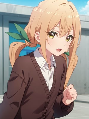 karaneinda, blonde hair, (yellow eyes:1.5), hair ribbon, twintails, low twintails, long hair, (green ribbon:1.2), open mouth, skirt, school uniform, white shirt, pleated skirt, collar, black skirt, brown cardigan, long sleeves, looking at viewer, (upper body:1.5), sky, outdoors, day, building, best quality, high resolution, unity 8k wallpaper, (beautiful detailed eyes:1.6), extremely detailed face, perfect lighting, extremely detailed CG, (perfect hands, perfect anatomy)