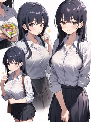 (masterpiece:1.2),best quality,PIXIV,Anna yamada,1girl,solo,skirt,shirt,breasts,long hair,looking at viewer,white shirt,white background,smile,mole,collared shirt,large breasts,simple background,chocolate,food,blush,black hair,black skirt,bag,pleated skirt,food on face,closed mouth,bangs,school uniform,holding,brown eyes,shirt tucked in,long sleeves,mole on neck,eating,holding food,shoulder bag,collarbone,dress shirt,cowboy shot,candy,,
