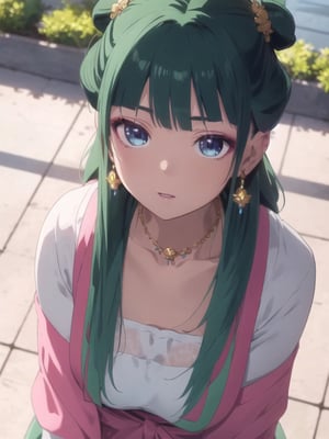 maomao,Dark green hair,blue eyes,hair ornament, hair bun, Earrings,Earrings,Gold necklace, Red eye shadow((extremely realistic shading, masterpiece, extremely detailed, photorealistic)), upper body shot, shoot from above, (looking at  viewer:1.5)
