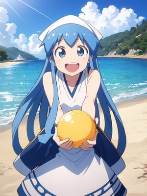 masterpiece, best quality, 1girl, beach, blue eyes, blue hair, dress, ikamusume, long hair, tentacle hair, laughing,  looking at viewer, ika,best quality,ika