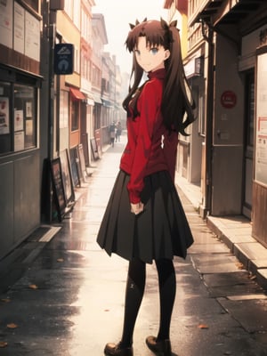 Top Quality, (Masterpiece: 1.2), High Definition, Around Town, Street Scene, Night, Rin Tohsaka, 1girl, Solo, Standing, from side, (arms behind back:1.5), Looking at Her, Smiling, Long Hair, Two Side Up, Brown Hair, Blue Eyes, Hair Ribbon, Red Turtleneck, Long Sleeves, Pleated skirt, black skirt, kneehighs,tohsaka rin