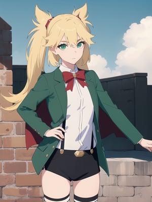 1girl, soro, ninnyspangcole, , ninny spangcole, long hair, blonde hair, (green eyes:1.5), twintails, two side up, shirt, thighhighs, long sleeves, bow, jacket, white shirt, shorts, bowtie, red bow, thigh strap, capelet, black shorts, suspenders, green jacket, suspender shorts, outdoors, city, sun, sky, clouds, looking at viewer, (cowboy shot:1.5), (masterpiece:1.2), best quality, high resolution, unity 8k wallpaper, (illustration:0.8), (beautiful detailed eyes:1.6), extremely detailed face, perfect lighting, extremely detailed CG, (perfect hands, perfect anatomy),ninny spangcole,maomao,Ninny