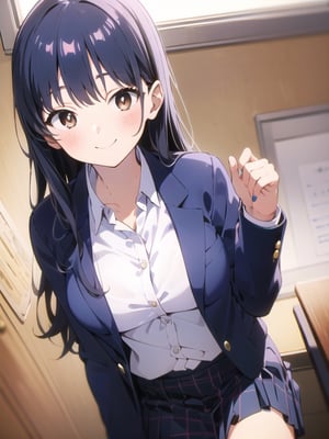 masterpiece, absurdres, ultra-detailed, Yamada Anna, 1girl, solo, long hair, blush, large breasts, black hair, long sleeves, brown eyes, school uniform, jacket, white shirt, pleated skirt, collared shirt, blue skirt, blazer, cardigan, blue jacket, (realistic:0.35), blush, smile, looking at viewer, breast pocket, Anna yamada