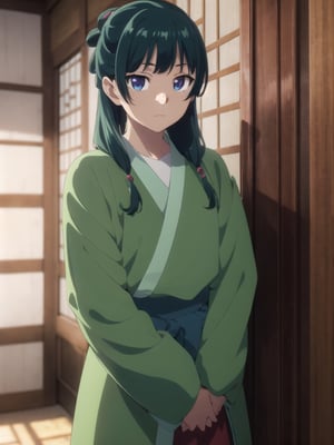 maomao,long hair, bangs,blue eyes,hair ornament,green hair,blunt bangs, freckles,hair bun,single hair bun japanese clothes, robe, green robe, long sleeves, wide sleeves, skirt, red skirt, 1girl in full growth, best quality, masterpiece, ultra-detailed, high quality, perfect nose, highly detailed skin, warm skin tone, defiance512, RAW photo, best quality, high resolution, (masterpiece), dreamlike, dreamy, modelshoot style, analog style, tonemapping, photorealistic, professional photography, sharp focus, HDR, 8K resolution, intricate detail, sophisticated detail, hyper detailed, (depth of field), highlight and shadow, volumetric lighting, cinematic bloom, professional light, looking at viewer, blotchy,
