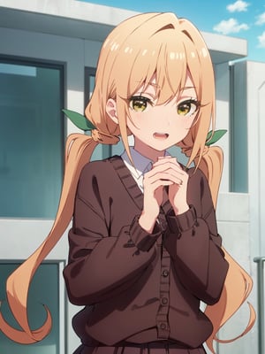 karaneinda, blonde hair, (yellow eyes:1.5), hair ribbon, twintails, low twintails, long hair, (green ribbon:1.2), open mouth, skirt, school uniform, white shirt, pleated skirt, collar, black skirt, brown cardigan, long sleeves, looking at viewer, evil smile, (upper body:1.5), sky, outdoors, day, building, best quality, high resolution, unity 8k wallpaper, (beautiful detailed eyes:1.6), extremely detailed face, perfect lighting, extremely detailed CG, (perfect hands, perfect anatomy)