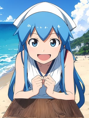 masterpiece, best quality, 1girl, beach, blue eyes, blue hair, dress, ikamusume, long hair, tentacle hair, laughing,  looking at viewer, ika,best quality