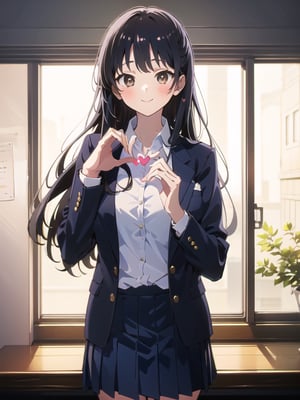 masterpiece, absurdres, ultra-detailed, Yamada Anna, 1girl, solo, long hair, blush, large breasts, black hair, long sleeves, brown eyes, school uniform, jacket, white shirt, pleated skirt, collared shirt, blue skirt, blazer, cardigan, blue jacket, (realistic:0.35), blush, smile, looking at viewer, breast pocket, , (heart-shaped hands:1.3),Anna yamada