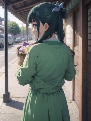 Maomao, east asian architecture, blunt bangs, green hair, long hair, blue eyes, solo, gonvgreen, sidelocks, twin braids, hair over shoulder, hair beads, half updo, single hair bun, hair ribbon, blue ribbon, freckles, hanfu, green japanese clothes, long sleeves, wide sleeves, purple skirt, long skirt, shoes, outdoor, (carrying a basket on his back:1.5), looking at viewer