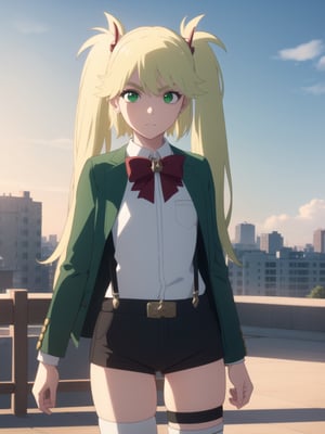 1girl, soro, ninnyspangcole, , ninny spangcole, long hair, blonde hair, (green eyes:1.5), twintails, two side up, shirt, thighhighs, long sleeves, bow, jacket, white shirt, shorts, bowtie, red bow, thigh strap, capelet, black shorts, suspenders, green jacket, suspender shorts, outdoors, city, sun, sky, clouds, looking at viewer, (cowboy shot:1.5), (masterpiece:1.2), best quality, high resolution, unity 8k wallpaper, (illustration:0.8), (beautiful detailed eyes:1.6), extremely detailed face, perfect lighting, extremely detailed CG, (perfect hands, perfect anatomy),