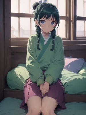 Maomao, indoors,Wood windows, Chinese architecture, left arm bandage, blunt bangs, green hair, long hair, blue eyes, solo, gonvgreen, sidelocks, twin braids, hair over shoulder, hair beads, half updo, single hair bun, hair ribbon, blue ribbon, freckles, hanfu, green japanese clothes, long sleeves, wide sleeves, purple skirt, long skirt, shoes, bed sitting, tired, star eyes, looking at viewer,